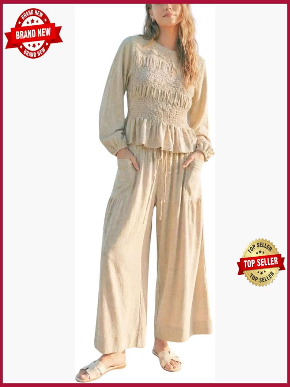 Boho Long Sleeve Smocked Top & Wide Leg Pants Set Lounge Outfit